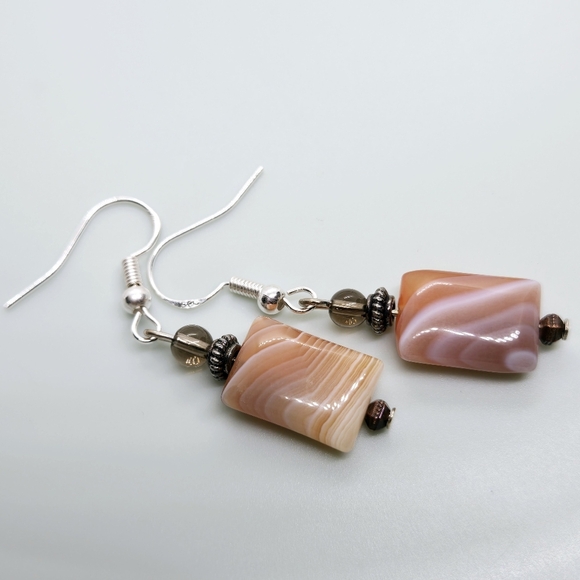 Vintage Gemstone Pink To Tan Nature Stones Earrings In Silver 925 Hooks - Picture 9 of 17